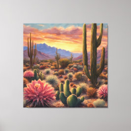 Desert Cactus Mountain Sunrise Dramatic Påstående Canvastryck