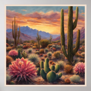 Desert Cactus Mountain Sunrise Dramatic Påstående Poster