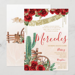 Desert Cactus Röd ros Western Charro Quinceanera Inbjudningar