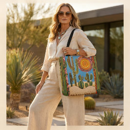 Desert Cactus Tote Bag with Colorful Sun and Geome Tygkasse
