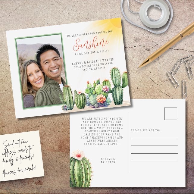 Desert Cactuvi Flyttat Snö till Sunshine Postcards Vykort (Cute cactus desert themed traded snow shovels for sunshine we've moved new change of address cards)