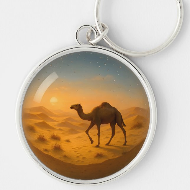 Desert Camel in Glass Sphere Keychain Rund Silverfärgad Nyckelring (Framsidan)