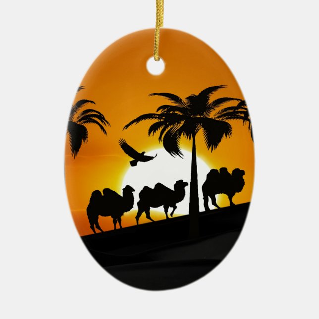 Desert Camels vid solnedgång Julgransprydnad Keramik (Framsidan)