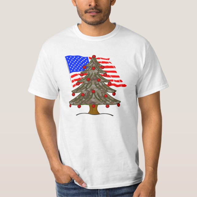 Desert Camo Julgran med amerikansk Flagga T Shirt (Framsida)
