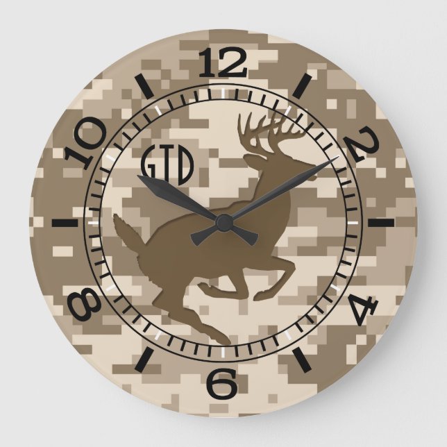 Desert Digital Camouflage Jumping Hjort Monogram Stor Klocka (Framsida)