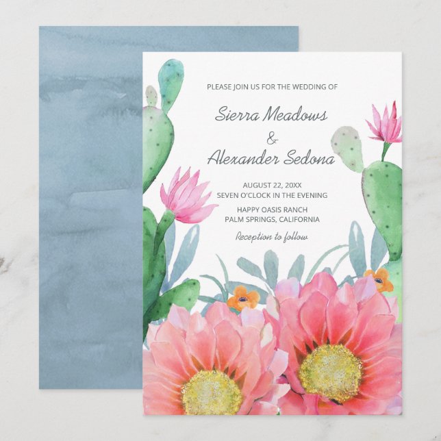 Desert Dream | Boho Watercolor Cactus Bröllop Inbjudningar (Fram/baksida)