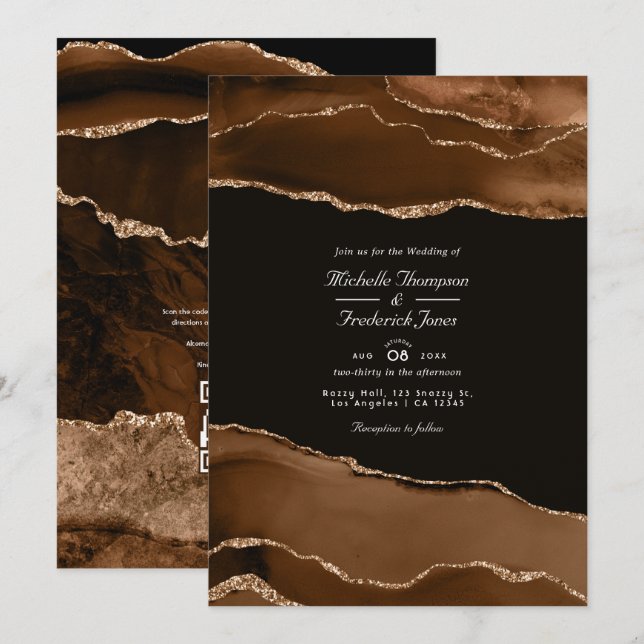 Desert Guld Agate Watercolor Bröllop QR Code Osa Inbjudningar (Fram/baksida)