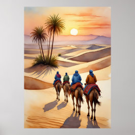 Desert Journey vid Sunset - Nomadic Camel Caravan Poster