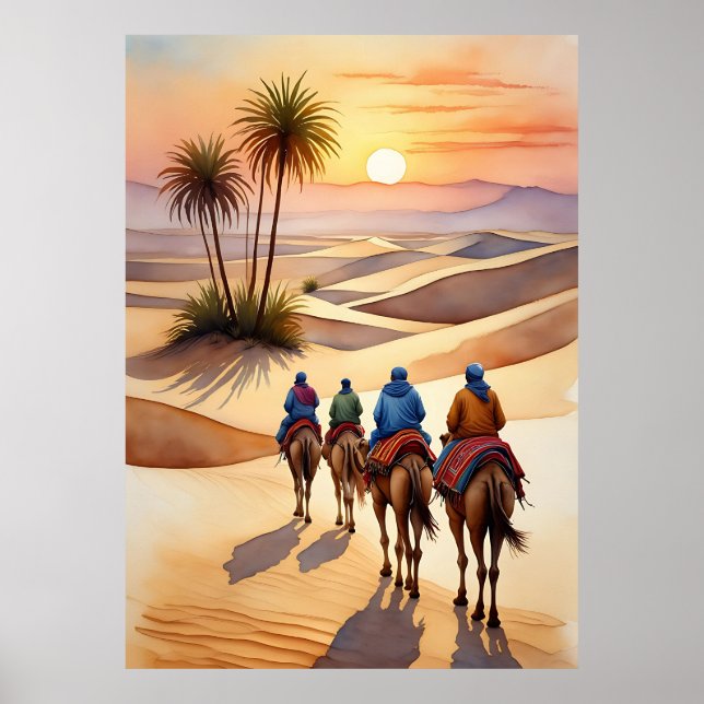 Desert Journey vid Sunset - Nomadic Camel Caravan Poster (Framsidan)