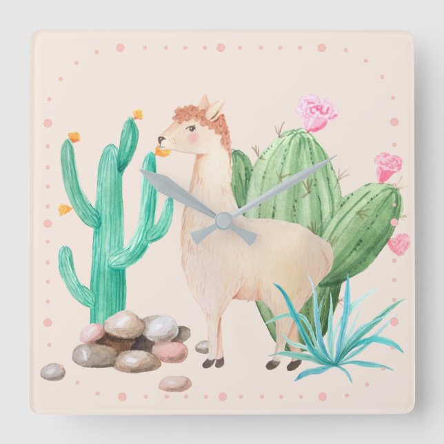 Desert LIama Cactus Flowers Fyrkantig Klocka (Framsida)