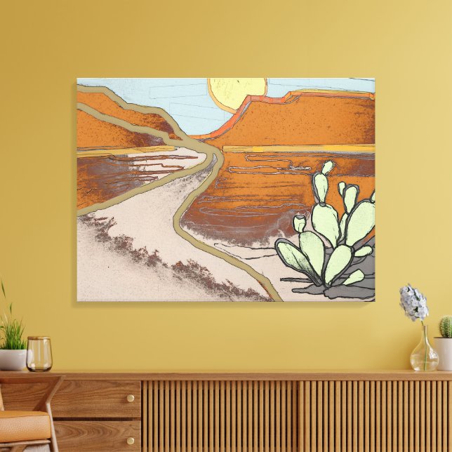 Desert liggande med Cactus by och Old Road Canvastryck (Insitu (Vardagsrum))