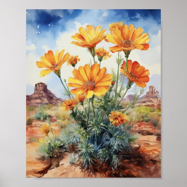 Desert Marigold Blommigt Arizona Watercolor Poster (Framsidan)