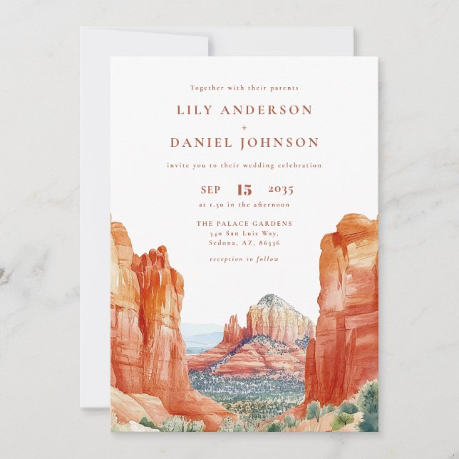 Desert Mountain Watercolor QR Code Wedding Inbjudningar (Framsida)