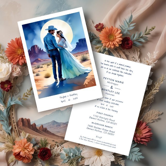 Desert Mountains Colorful landscape Wedding Cowboy Inbjudningar (Desert Mountains Colorful landscape Wedding Cowboy Groom & Bride Couple Illustration in Blue Shades.)