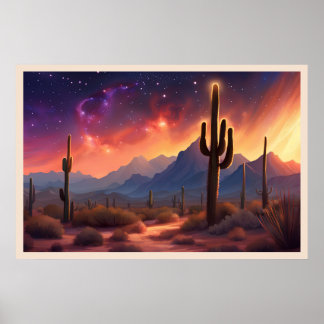 Desert på Dusk Sequoia Cactus Colorful Art Poster