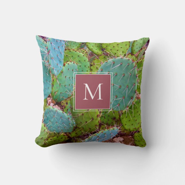 Desert Prickly Pear Cactus Monogram Succulent Kudde (Framsida)