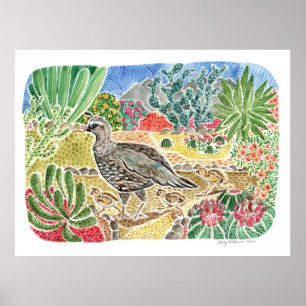 Desert Quail med färgat liggande ökenlandskap Poster