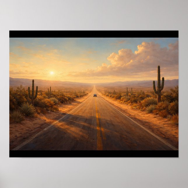 Desert road with a single car far away poster (Framsidan)