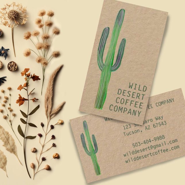 Desert Saguaro Cactus Watercolor Unique Boho Kraft Visitkort (Hand painted saguaro cactus decorates this minimalist kraft business card, add your own text!)