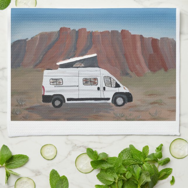 Desert Scene Van Life Kitchen Towel White Van Van  Kökshandduk (Vikta)