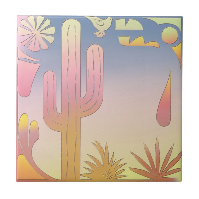 "Desert Serenity" (Cactus & Bird Illust) Kakelplatta (Framsidan)