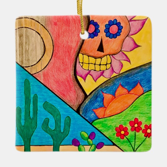 Desert Skull jul Cactus Folk Art Julgransprydnad Keramik (Framsida)