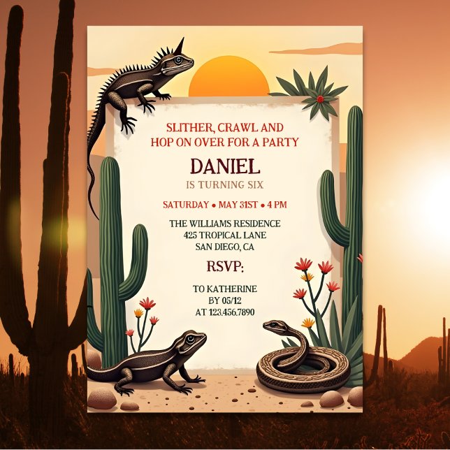 Desert Snake Reptile Thords Barns födelsedag Party Inbjudningar (Desert Snake Reptile Themed Kids Birthday Party Invitation)