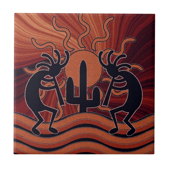 Desert Sol Cactus Southwest Kokopelli Ceramic Tile Kakelplatta (Framsidan)