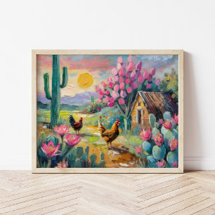 Desert Succulm Landskap med Chickens Poster