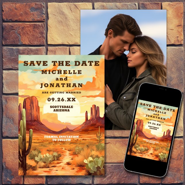 Desert Sunset, Cactus Southwest Photo Bröllop Spara Datumet (Printed and Digital - Desert Sunset, Cactus Southwestern Photo Wedding Save The Date)