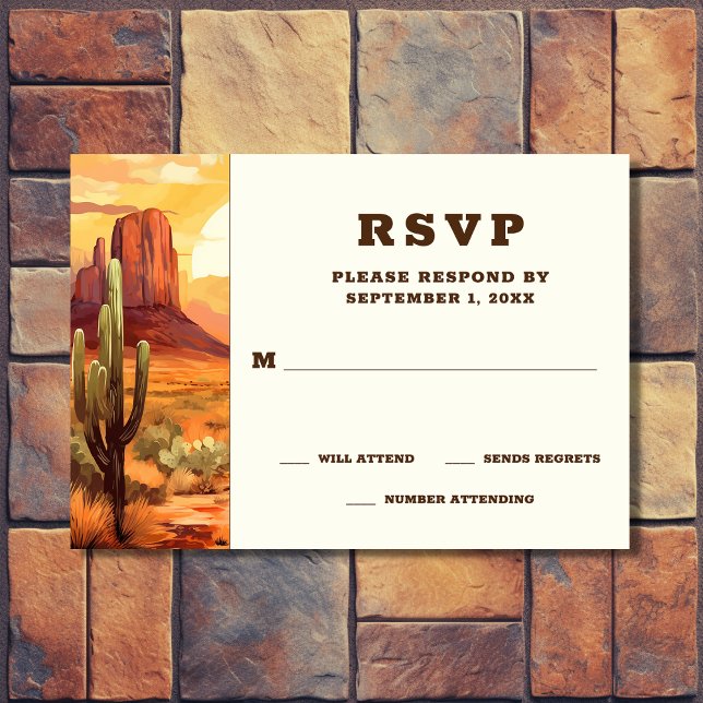 Desert Sunset och Cactus Southwest Bröllop OSA Kort (Front - Desert Sunset and Cactus Southwestern Wedding RSVP Card)