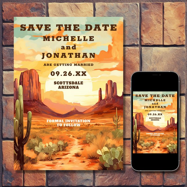 Desert Sunset och Cactus Southwest Bröllop Spara Datumet (Printed and Digital - Desert Sunset and Cactus Southwestern Wedding Save The Date)