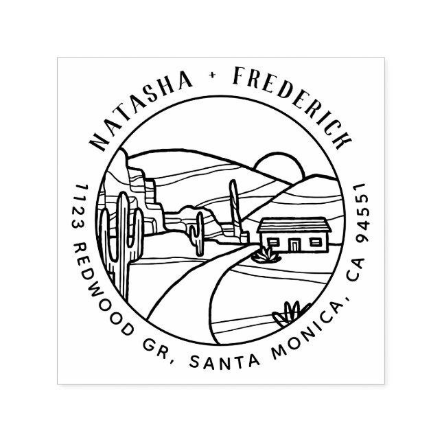 Desert Sunset | Rustic Cactus Round Returadress Självfärgande Stämpel (Design)