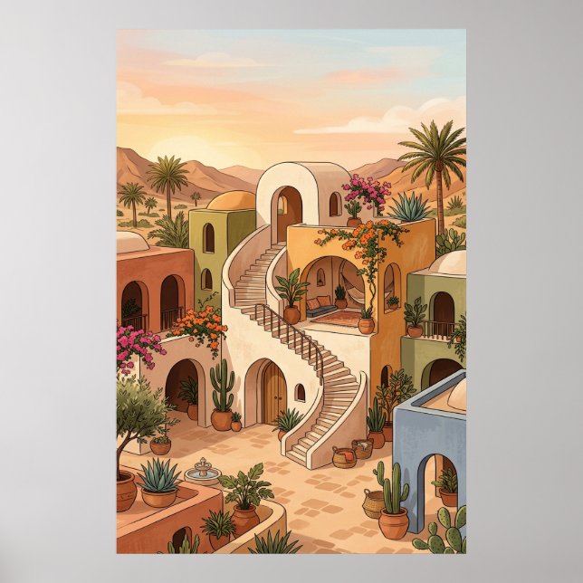 Desert Village Sunset Art - Boho Colorful Houses Poster (Framsidan)