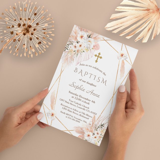 Desert Vit ros Pampas Grass Girl Baptism Inbjudningar (Skapare uppladdad)