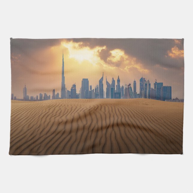 Deserts | Dubais Skyline View från Sand Dune Kökshandduk (Horisontell)