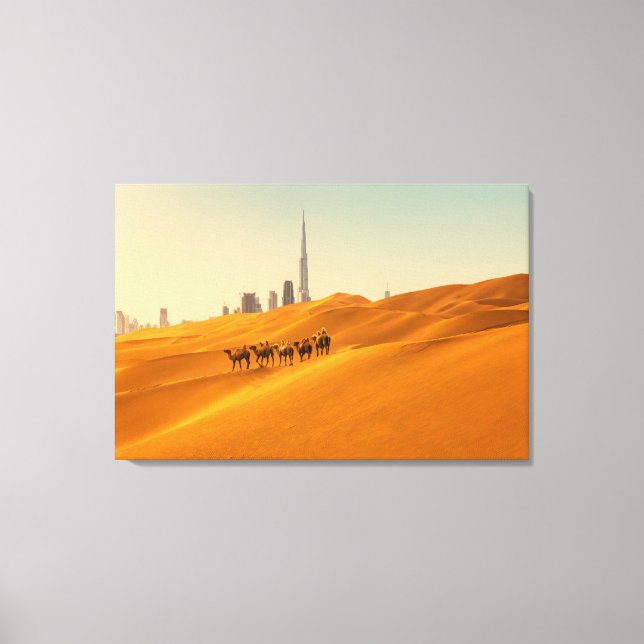 Deserts | Dubais Skyline View med Camels Canvastryck (Framsida)