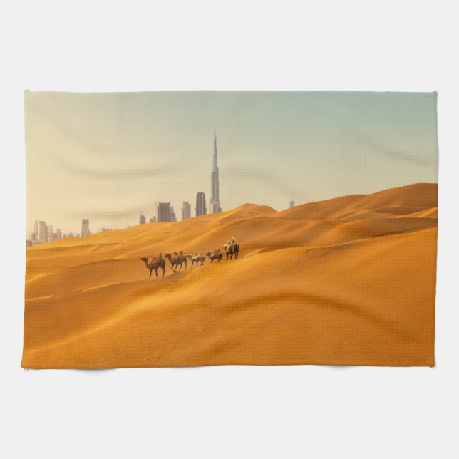 Deserts | Dubais Skyline View med Camels Kökshandduk (Horisontell)