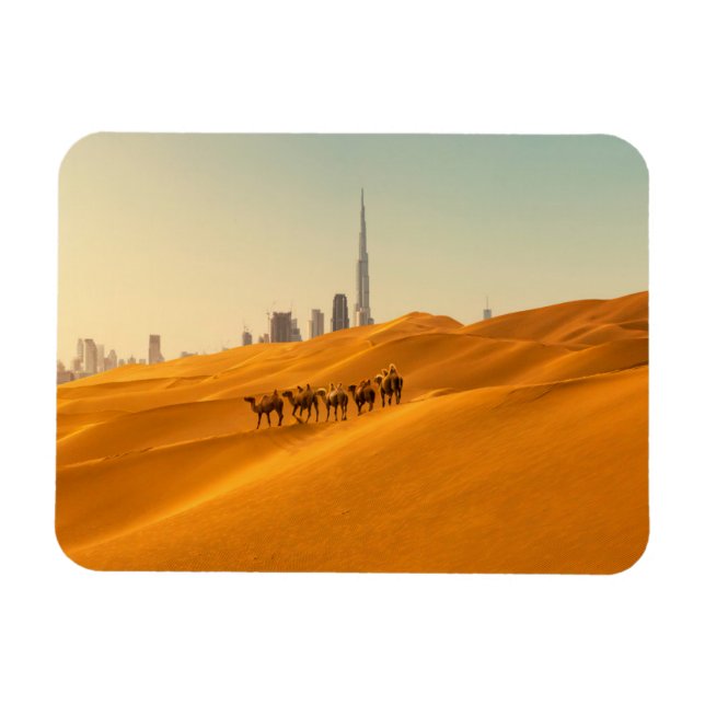 Deserts | Dubais Skyline View med Camels Magnet (Horisontell)