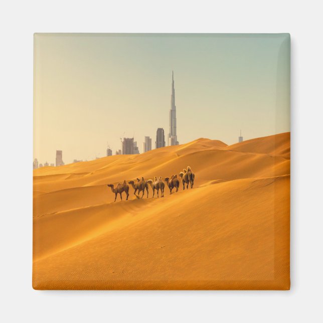 Deserts | Dubais Skyline View med Camels Magnet (Framsidan)