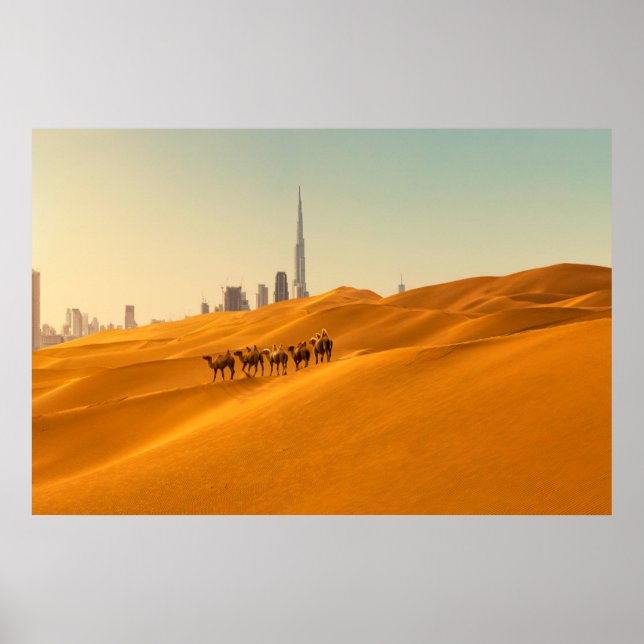 Deserts | Dubais Skyline View med Camels Poster (Framsidan)