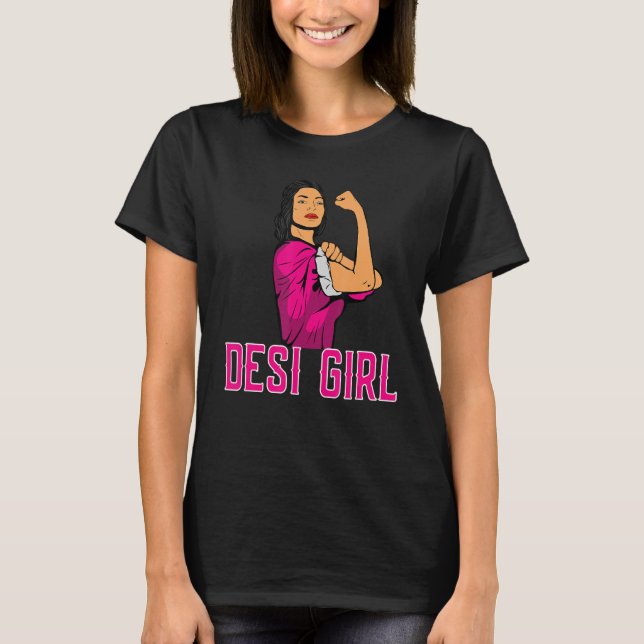 Desi Girl Bollywood Women Black Hair T Shirt (Framsida)