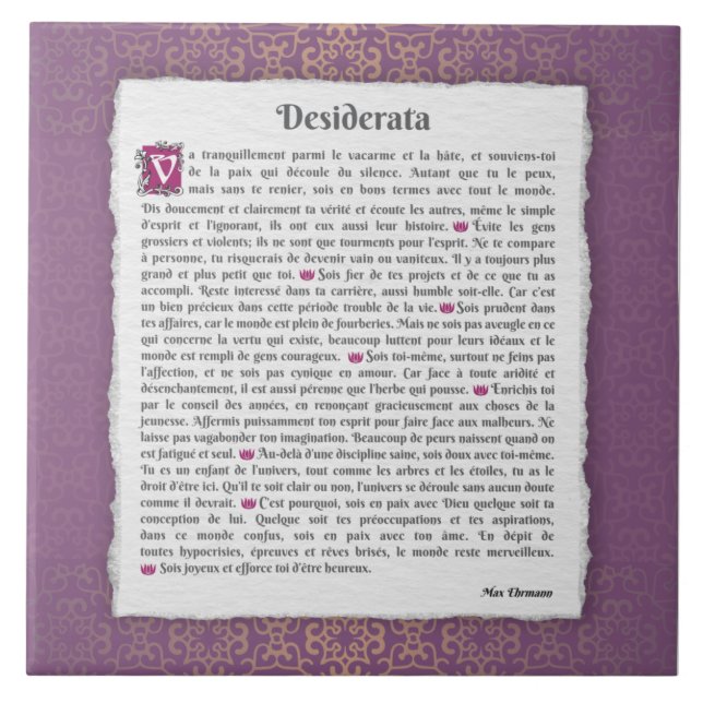 Desiderata - Choses désirées - poème Kakelplatta (Framsidan)