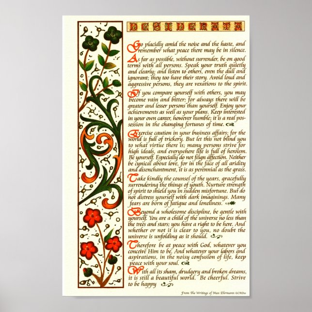Desiderata Dikt av Max Ehrmann Hand Calligraphy Poster (Framsidan)