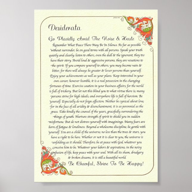 Desiderata-Dikt av Max Ehrmann Poster (Framsidan)