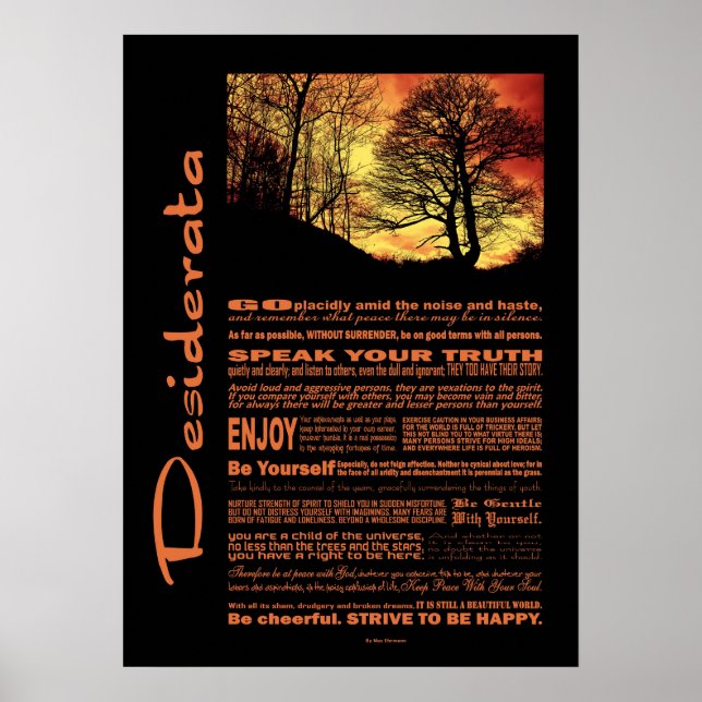 Desiderata Dikt Evening Sunset Träd Poster (Framsidan)