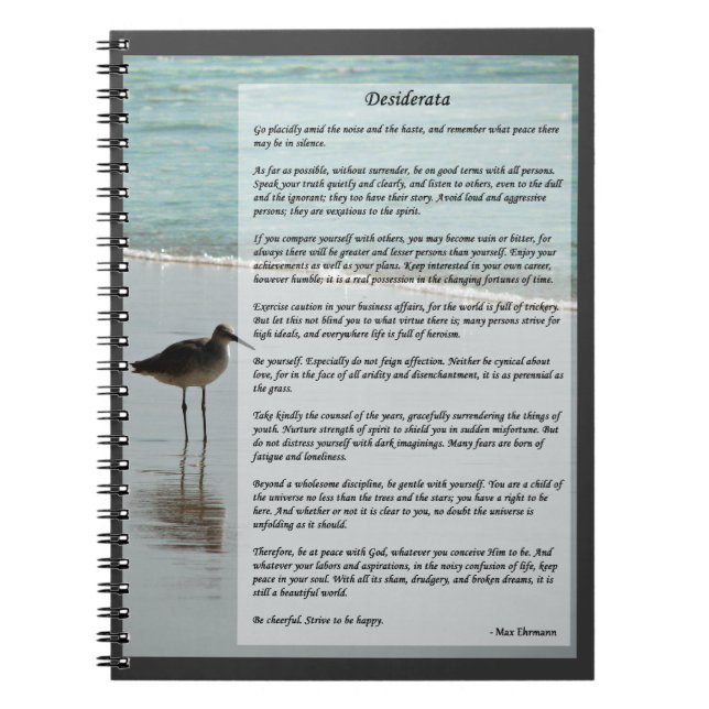 Desiderata Dikt - Fiskmås på Beach-scenen Anteckningsbok Med Spiral (Framsidan)