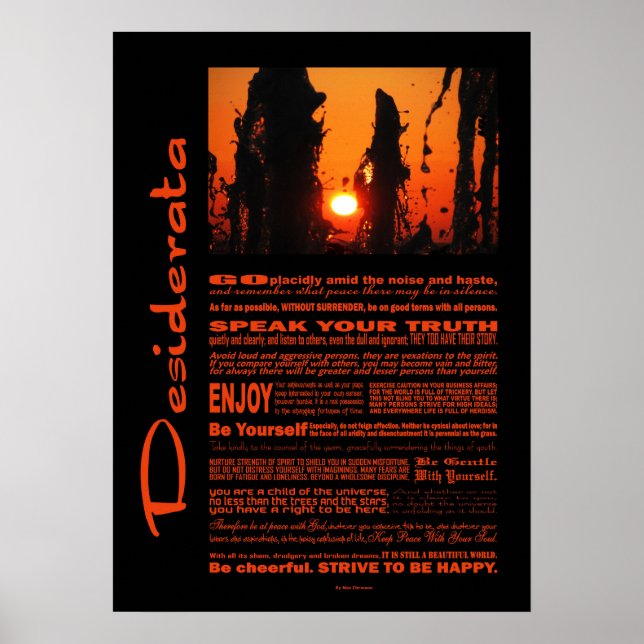 Desiderata Dikt Fontain Vatten vid Sunset Poster (Framsidan)