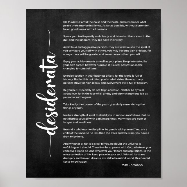 Desiderata Dikt från Max Ehrmann Black and White Poster (Framsidan)