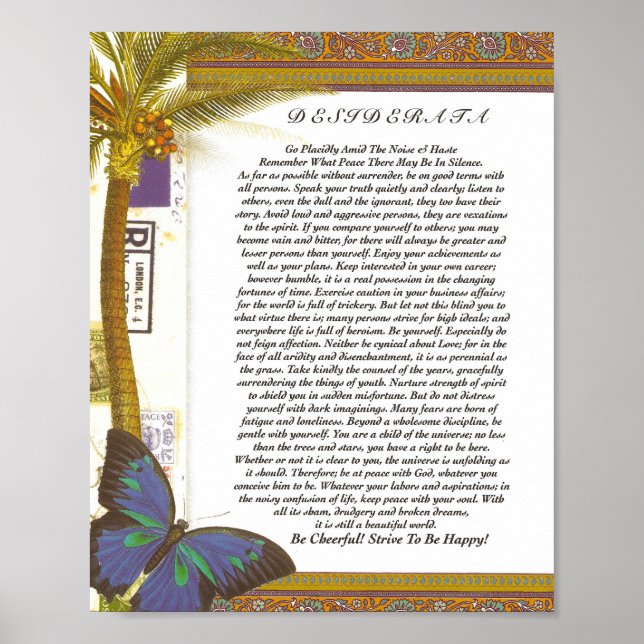 Desiderata Dikt med Handflatan Träd och Butterfly Poster (Framsidan)